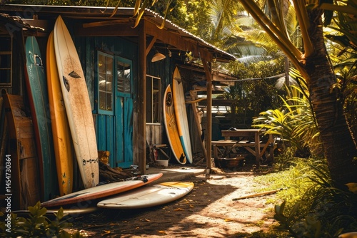 Ocean breezes stir the palm leaves around a weathered surf shack where vibrant boards and rustic charm define the scene