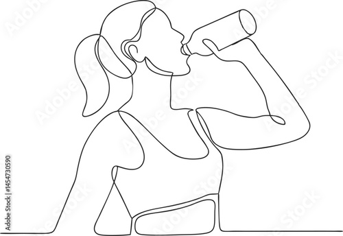 One continuous line drawing of young woman drinking water from bottle, line art illustration showing healthy lifestyle concept

