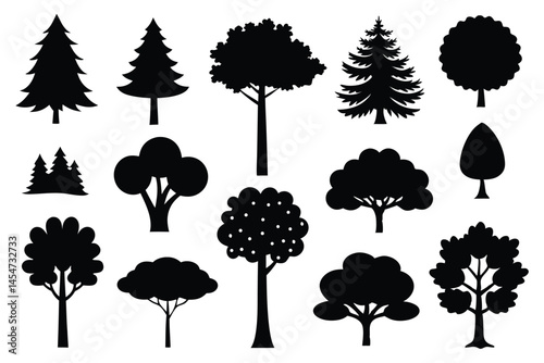 various deciduous trees silhouettes on the white background