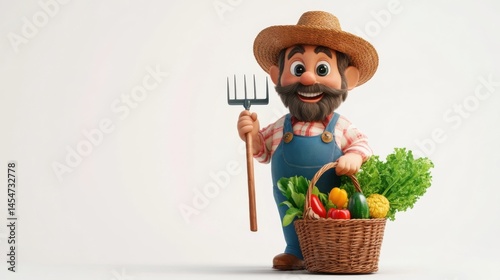 A 3D cartoon farmer with overalls, holding a pitchfork and a basket of vegetables, isolated on a white background 