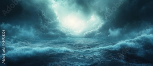 Stormy sea exhibits turbulent waves beneath ominous clouds, demonstrating nature's power.