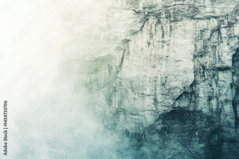 Obraz premium Misty, textured cliff face with a gradient of teal and white, evoking serenity and mystery.