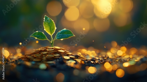 Sapling growing from coins at sunrise; financial growth concept