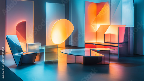 A conceptual interior architecture exhibition showcasing abstract furniture and geometric lighting installations.