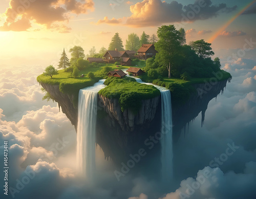 Magical floating island featuring serene waterfalls cascading into clouds, lush greenery, and charming houses. Perfect for fantasy art, dreamlike visuals, and escapism themes.