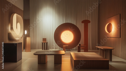 A conceptual interior architecture exhibition showcasing abstract furniture and geometric lighting installations.