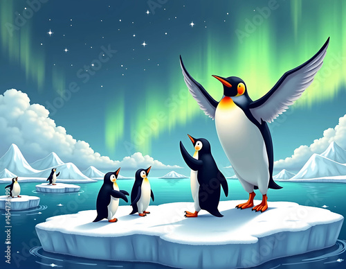 Adorable penguins enjoying a magical moment on icebergs under a dazzling aurora borealis. Ideal for wildlife art, children's rooms, and nature-themed decor.