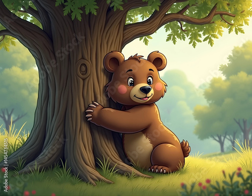 Charming illustration of a cute bear playfully hugging a tree in a serene forest setting. Perfect for children's books, nursery decor, and nature-themed art.