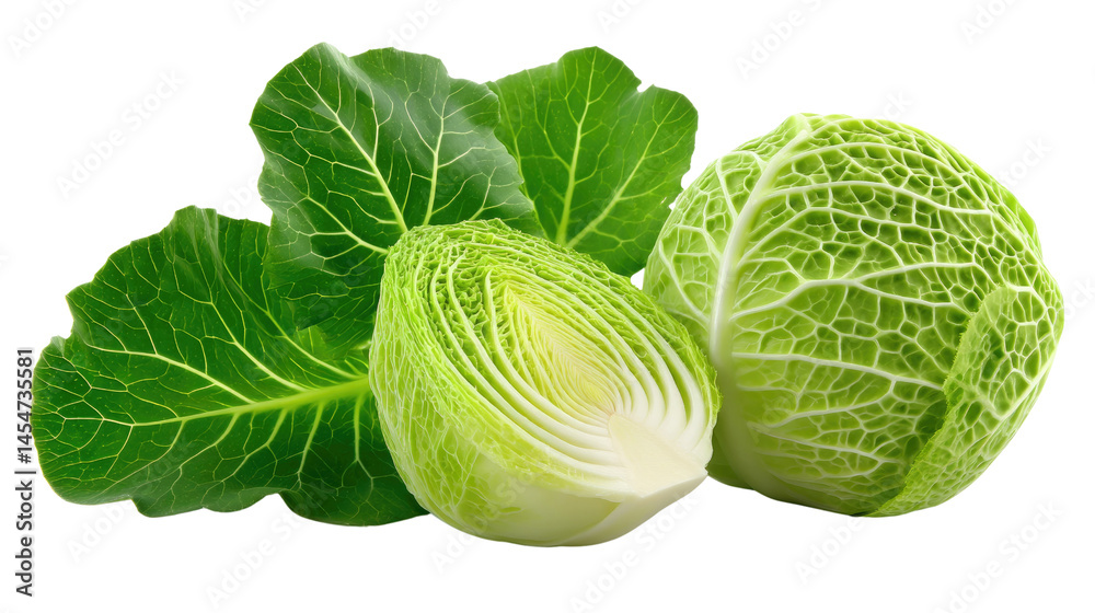Fototapeta premium Fresh Cabbage in Green Garden: A vibrant display of fresh cabbage, with its intricate textures and lush green leaves, presents a feast for the eyes, symbolizing the purity of the natural world.