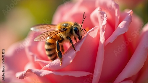 Bee collecting nectar from a pink rose in a vibrant garden setting.