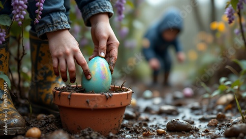 A child��s hands place a colorful egg in a flower pot, with another child exploring in the background.