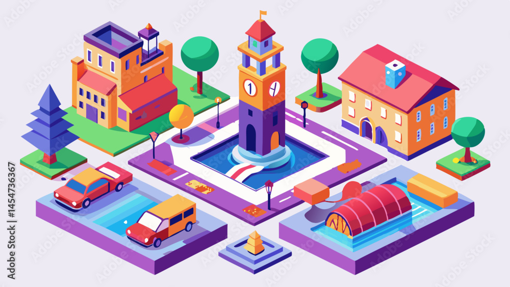 Charming town square isometric illustration vibrant buildings clock tower cars pool playful style
