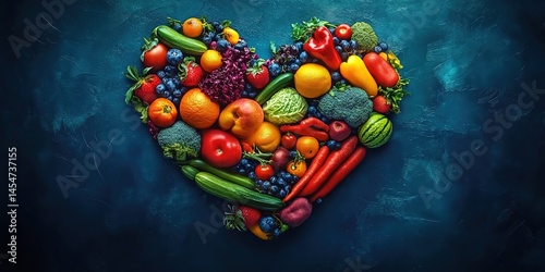 A heart-shaped arrangement of fresh fruits and vegetables on a dark blue background.