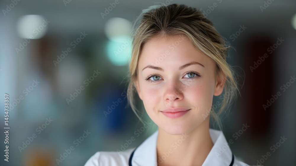 Fototapeta premium Young nurse smiling warmly in white uniform, embodying compassionate healthcare professionalism