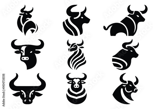 Bold Bull and Ox Icons Set, Modern Black Silhouettes for Logos and Branding