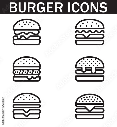 Silhouette of various burger icons featuring different styles, perfect for fast food, restaurant, and food-related designs.