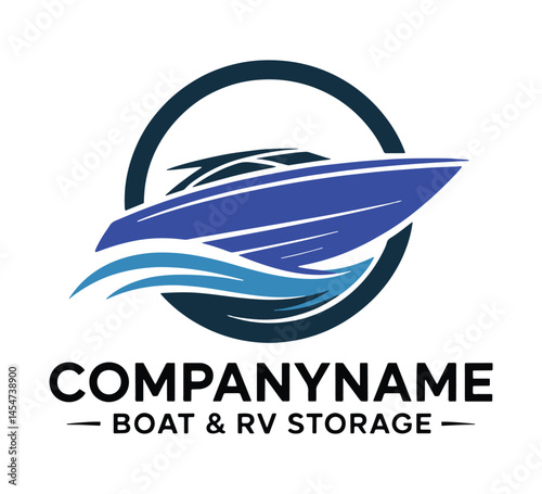 Boat and RV Storage Company Logo Design with Speedboat Icon