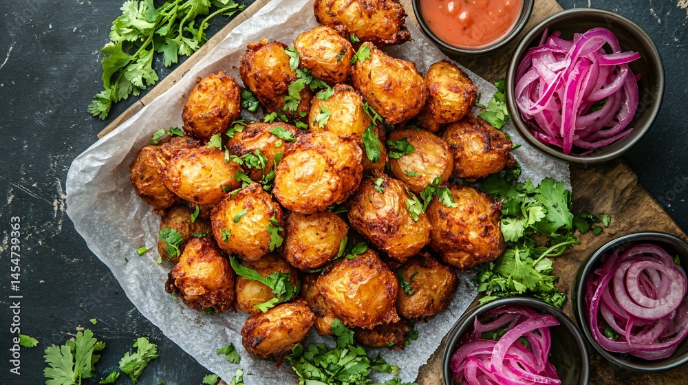 Deep-fried Patatas Bravas served on parchment paper, surrounded by dipping bowls, pickled onions, and fresh herbs