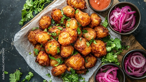 Deep-fried Patatas Bravas served on parchment paper, surrounded by dipping bowls, pickled onions, and fresh herbs