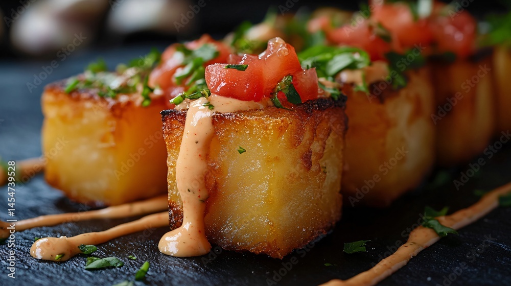 Elegant close-up of golden potato cubes drizzled with aioli and tomato brava sauce, with herbs and ingredients scattered in the background