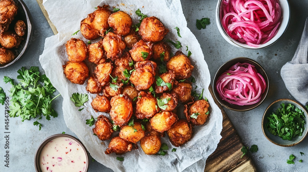 Deep-fried Patatas Bravas served on parchment paper, surrounded by dipping bowls, pickled onions, and fresh herbs