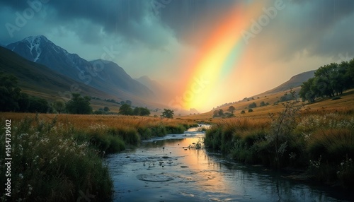 Majestic rainbow over tranquil river and golden fields with mountains in the background concept
