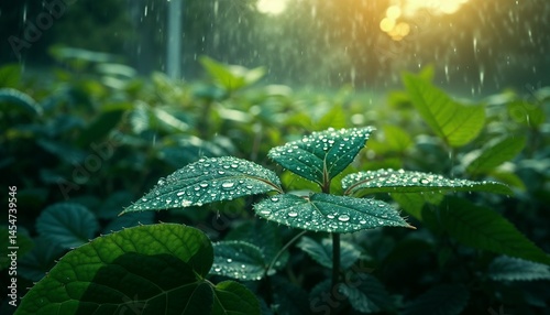 Close-up of green leaves with raindrops glistening in sunlight during rainfall concept