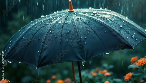 Close-up of wet umbrella with raindrops in the rain surrounded by flowers concept