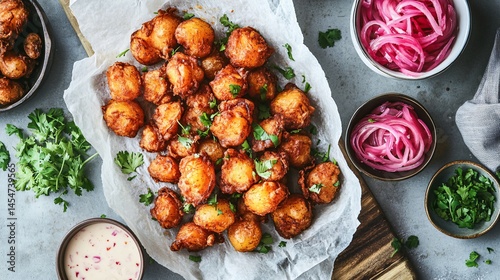 Obraz na płótnie Deep-fried Patatas Bravas served on parchment paper, surrounded by dipping bowls, pickled onions, and fresh herbs w salonie