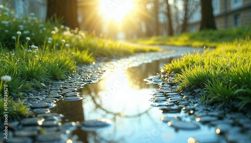 Glistening sunlight reflected in water puddle on cobblestone path surrounded by grass concept