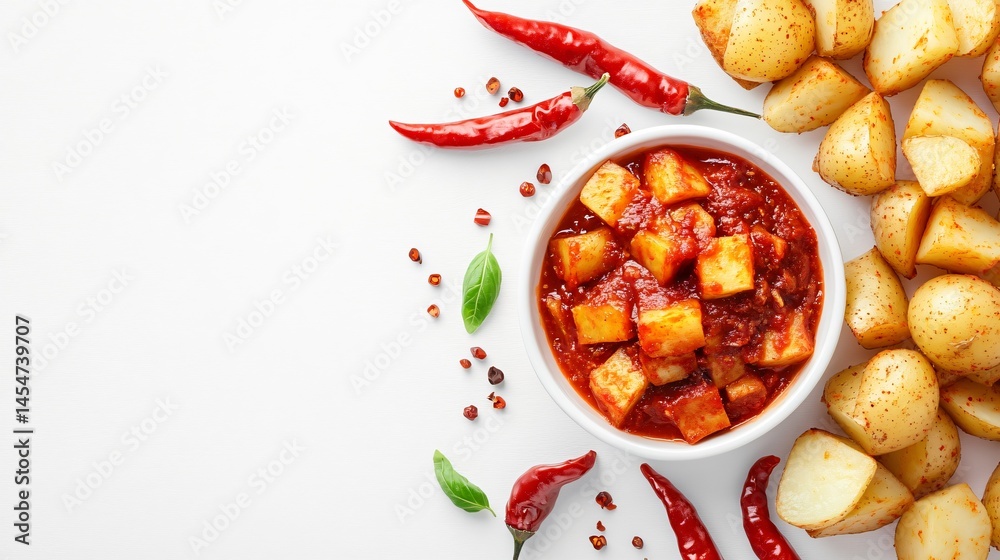 Elegant presentation of Patatas Bravas with vibrant red sauce, surrounded by whole potatoes and chili peppers on a white background