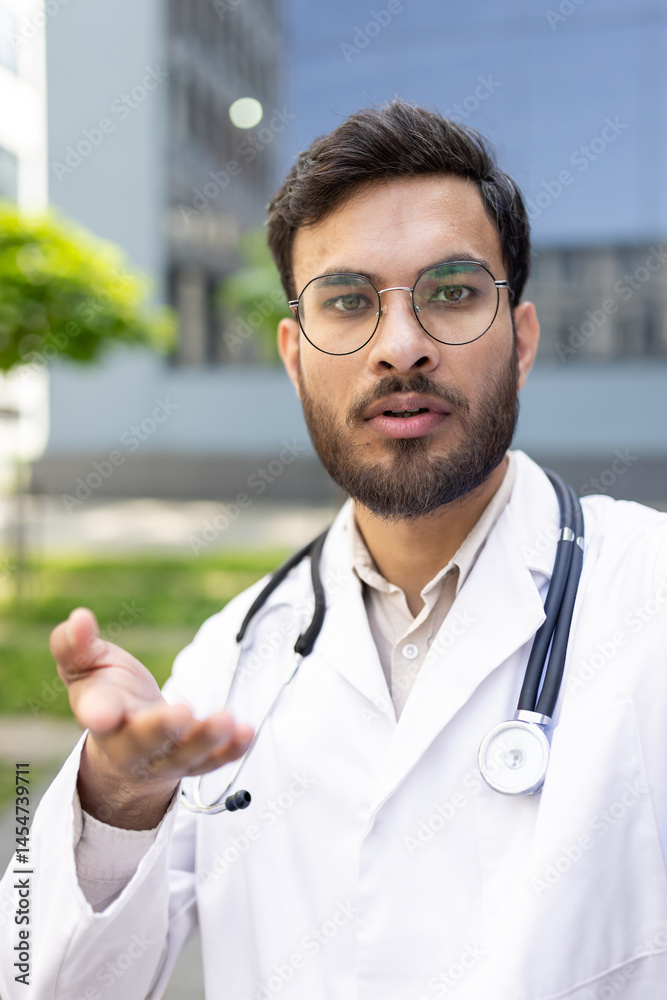 A young doctor in a white coat and glasses gestures while in a video call outdoors with a stethoscope.