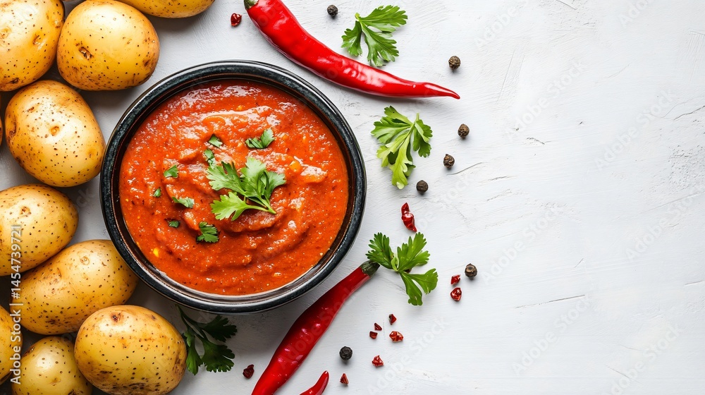 Elegant presentation of Patatas Bravas with vibrant red sauce, surrounded by whole potatoes and chili peppers on a white background