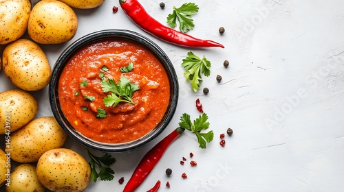 Obraz na płótnie Elegant presentation of Patatas Bravas with vibrant red sauce, surrounded by whole potatoes and chili peppers on a white background w salonie