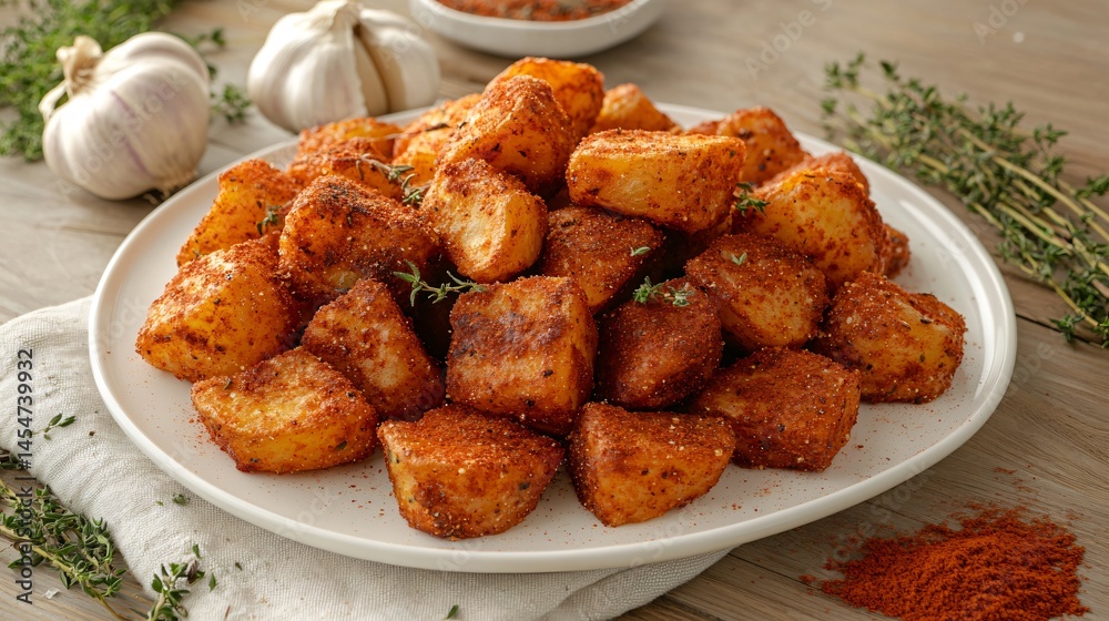 Elegant white plate with Patatas Bravas arranged neatly, surrounded by garlic heads, thyme, and smoked paprika dust