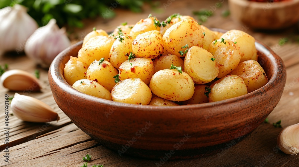Gourmet-style Patatas Bravas served in a rustic ceramic bowl, surrounded by garlic cloves, smoked paprika, and parsley, on a wooden table