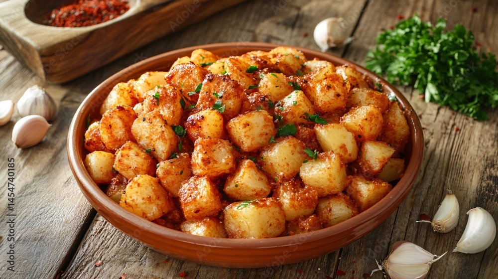 Gourmet-style Patatas Bravas served in a rustic ceramic bowl, surrounded by garlic cloves, smoked paprika, and parsley, on a wooden table