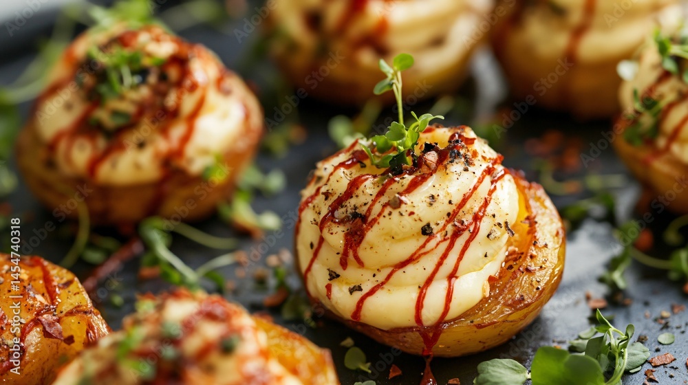 High-contrast image of Patatas Bravas with aioli swirl, surrounded by chili threads, microgreens, and herbs