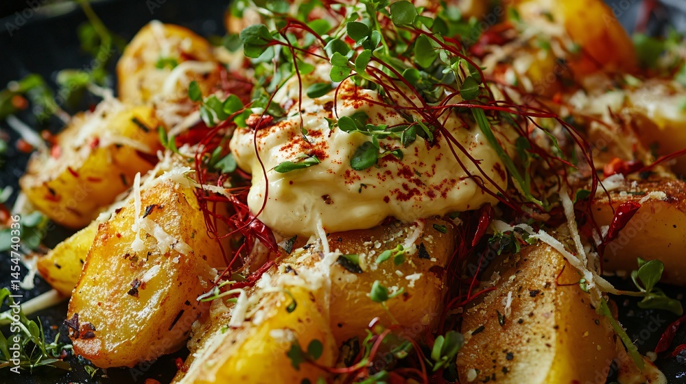 High-contrast image of Patatas Bravas with aioli swirl, surrounded by chili threads, microgreens, and herbs