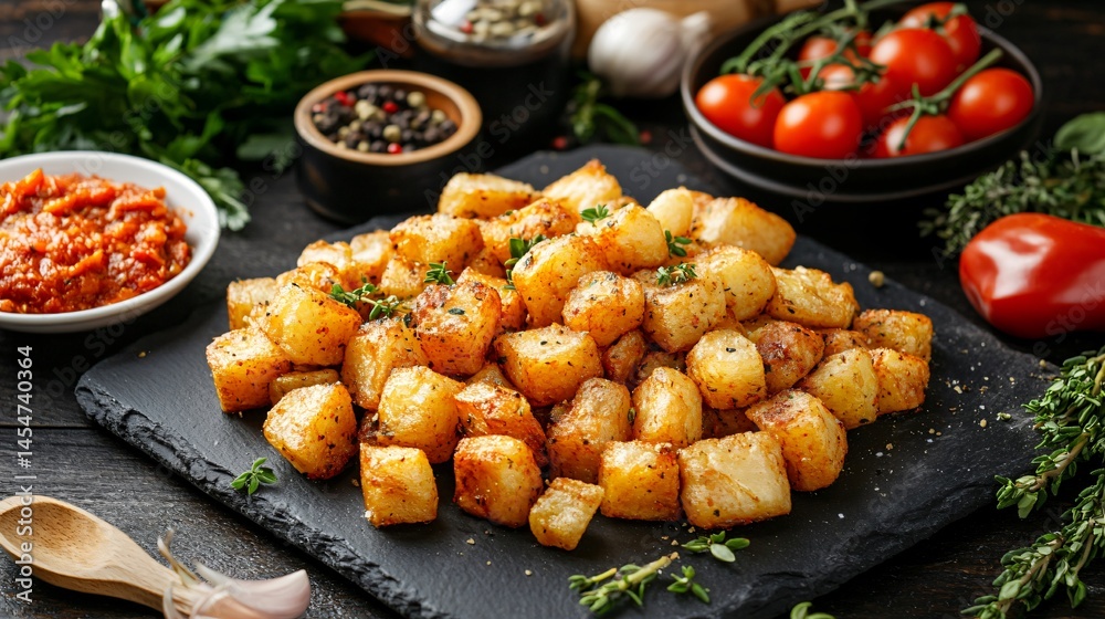 Isolated background of Patatas Bravas on slate platter, surrounded by fresh Mediterranean ingredients and utensils