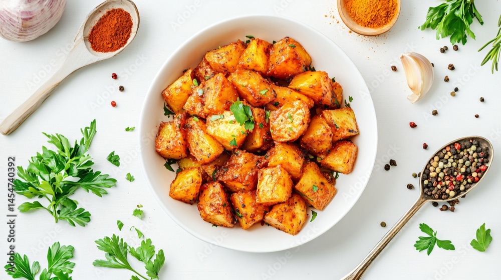 Isolated shot of Patatas Bravas on clean white background, surrounded by vibrant raw ingredients and spice spoons Isolated shot of Patatas Bravas on clean white background, surrounded by vibrant raw ingredients and spice spoons