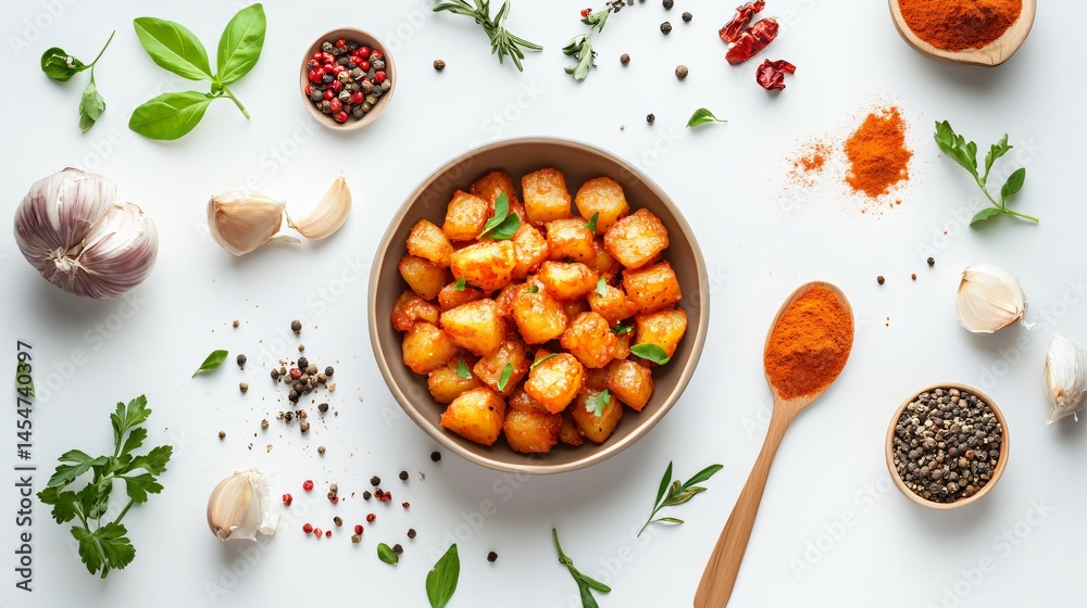 Isolated shot of Patatas Bravas on clean white background, surrounded by vibrant raw ingredients and spice spoons