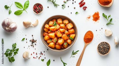 Obraz na płótnie Isolated shot of Patatas Bravas on clean white background, surrounded by vibrant raw ingredients and spice spoons w salonie
