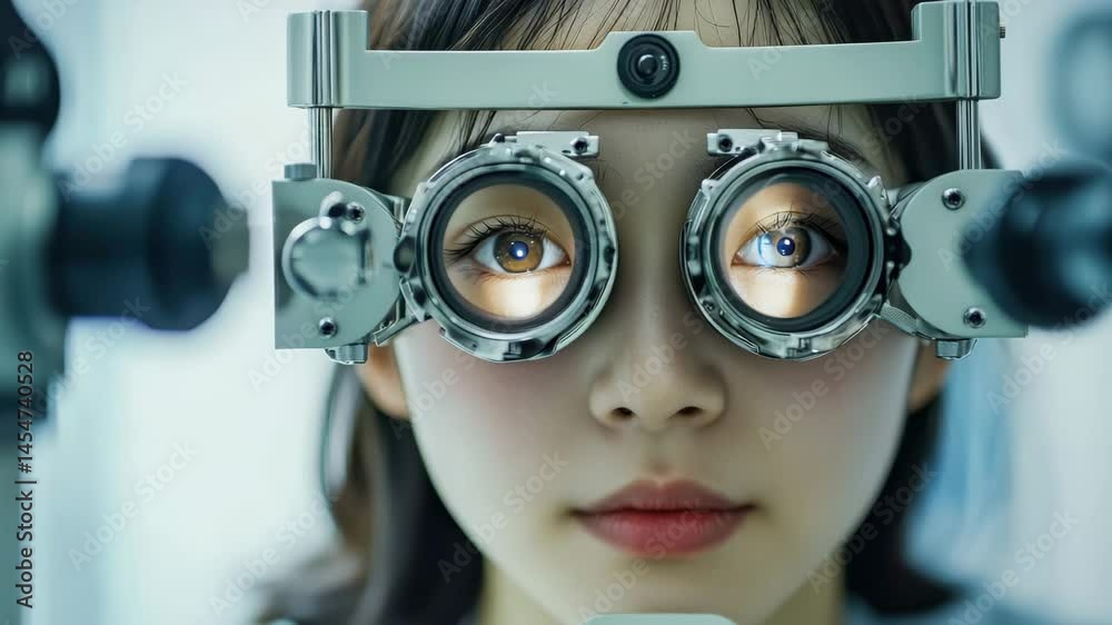 A young woman is having a detailed eye exam with specialized equipment to check her vision