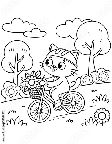 Cute cartoon cat, riding bicycle, coloring book style, black and white line art