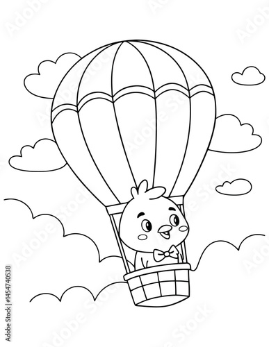 Cute cartoon chick character, hot air balloon, coloring book style, black and white line art