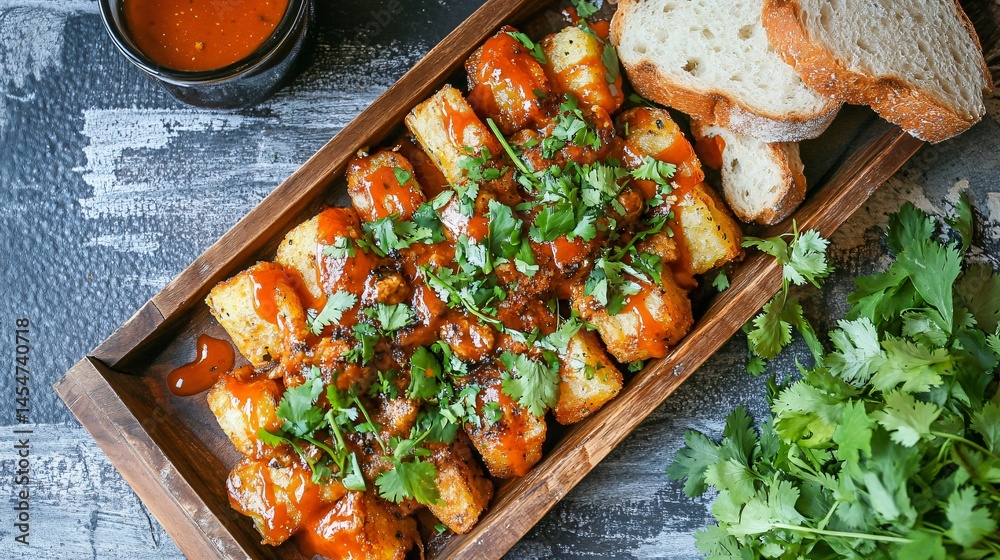 Light wooden tray filled with Patatas Bravas, sauce drizzling down sides, surrounded by fresh cilantro and rustic bread