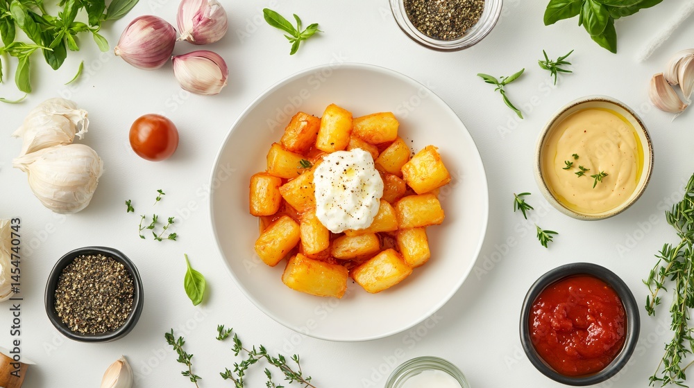 Minimalist gourmet setting with modern plate of Patatas Bravas, surrounded by symmetrical ingredients and sauces