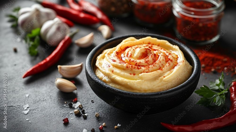 Minimalist gourmet shot of Patatas Bravas with aioli swirl, surrounded by whole red chilies, garlic bulbs, and paprika jars
