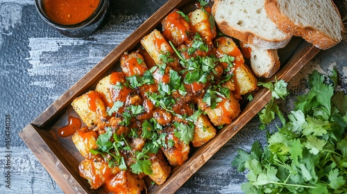 Obraz na płótnie Light wooden tray filled with Patatas Bravas, sauce drizzling down sides, surrounded by fresh cilantro and rustic bread w salonie